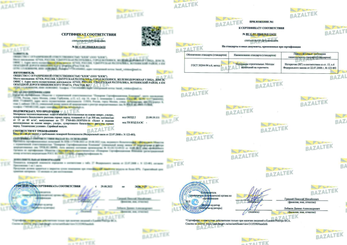 Сертификат соответствия Холст и изделия изготовленные на основе базальтового расплава горных пород